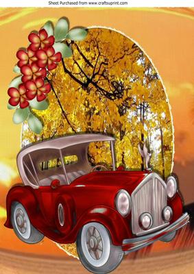 Red Vintage Car, in Autumn Shades with Flowers A4