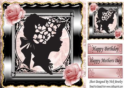 Pretty Pink Roses in Ornate Frame with Silhouette Lady 8x8
