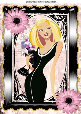 Classy in Black, with Pink Flowers in Ornate Frame A4