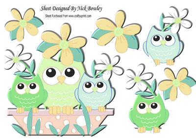 Owl Family in Green with Flowers A4