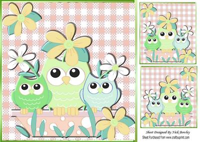 Owl Family in Green with Flowers 8x8 Card and Toppers