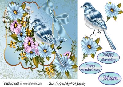Pretty Blue Bird with Flowers and Bow 7x7