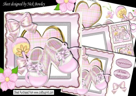 Baby Pink Bootees with Rattle, and Bows 8x8 Mini Kit