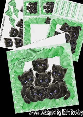 Cute Little Black Kittens in Frill Frame Wih Green Bow Kit