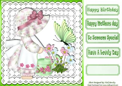 Little Bonnet Girl Watering the Garden with Butterfly 8x8
