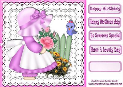 Little Bonnet Girl with Flowers & Little Bird 8x8