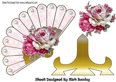 Vintage Pink Roses with Pearls and Damask, Fan