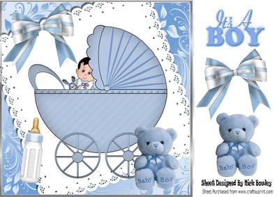 Baby Boy in Blue Pram on Lace with Bow 8x8