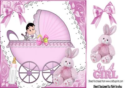 Baby Girl in Pink Pram on Lace with Bow 8x8