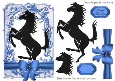 Silhouette of a Black Stallion in Vintage Blue Frame
