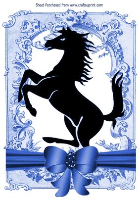 Silhouette of a Black Stallion in Vintage Blue Frame A4