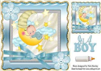 Sleepy Baby Boy with Moon and Stars with Bow 8x8