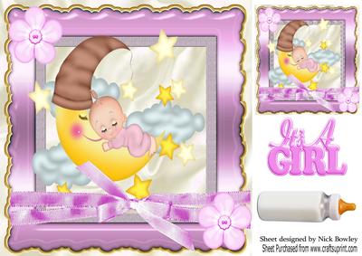 Sleepy Baby Girl with Moon and Stars and Bow 8x8