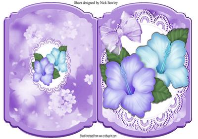 Pretty Lilac and Blue Hibiscus on Lace Quick Card