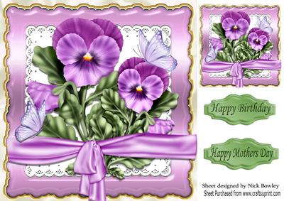 Pretty Pink Pansies and Butterflies on Lace 8x8