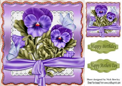 Pretty Lilac Pansies and Butterflies on Lace 8x8