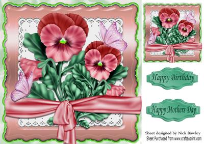 Pretty Rose, Pansies and Butterflies on Lace 8x8
