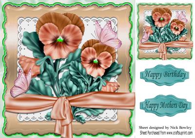 Pretty Peach, Pansies and Butterflies on Lace 8x8