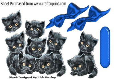 Cute Black Kittens with Blue Bows A4