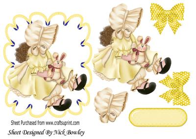 Little Bonnet Girl, in Lemon Frame with Polkadot Bows A4