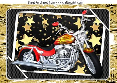 Customized, Motorbike with Flames and Gold Stars in Frame A4