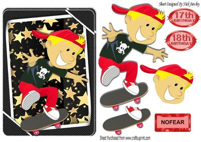 No Fear! Boy in Red on Skateboard with Gold Stars