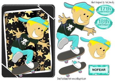 No Fear! Boy in Turq on Skateboard with Gold Stars