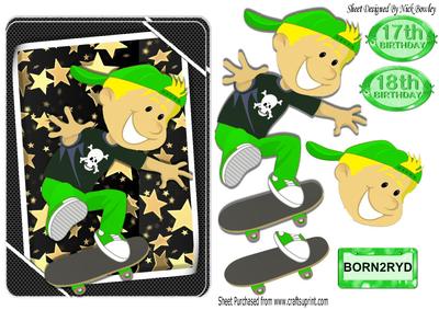 Born2ryd Boy in Green on Skateboard with Gold Stars