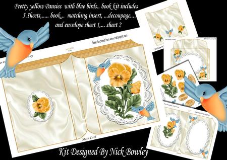 Pretty Yellow Pansies with Blue Birds on Lace Book Kit