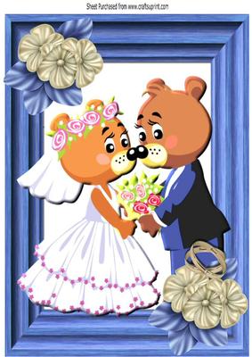 Cute Bears Wedding with Flowers in Blue Frame A4