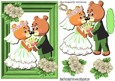 Cute Bears Wedding with Flowers in Green Frame