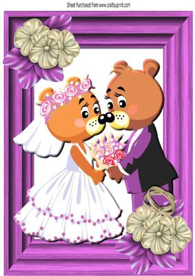 Cute Bears Wedding with Flowers in Pink Frame A4