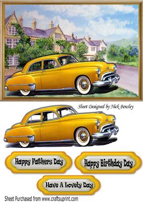 1949 Yellow Oldsmobile Vintage Car in Frame with Mansion