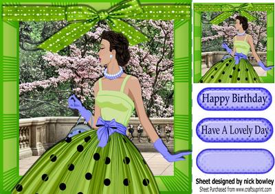 Elegant Lady in Green Polkadot Dress in the Garden 8x8