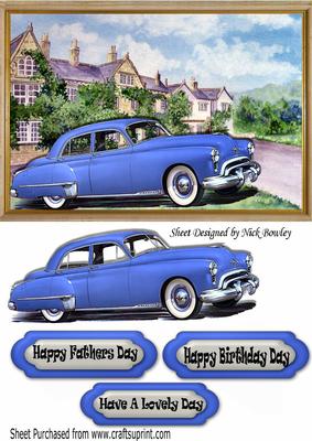 1949 Blue Oldsmobile Vintge Car in Frame with Mansion
