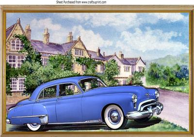 1949 Blue Oldsmobile Vintage Car in Frame with Mansion A4