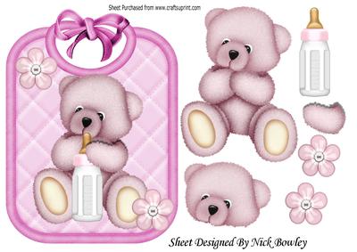 Gorgeous Little Pink Bear on a Bib Holding Bottle