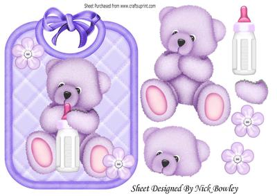 Gorgeous Little Lilac Bear on a Bib Holding a Bottle