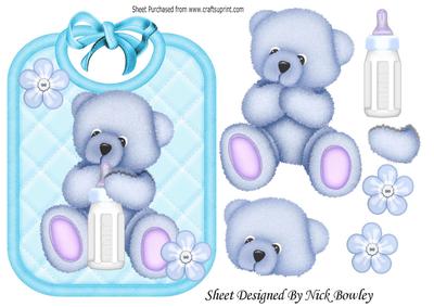 Gorgeous Little Blue Bear on a Bib Holding a Bottle