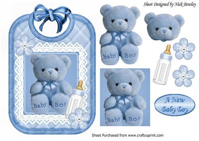 Cuddly Blue Teddy with Bottle on Lace Bib