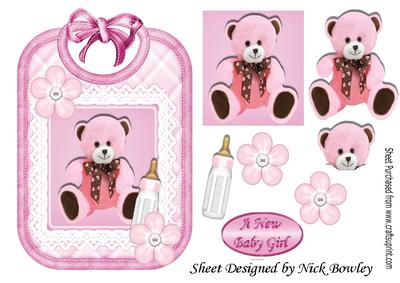 Cuddly Pink Teddy with Bottle on Lace Bib