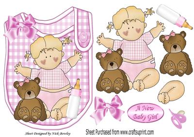 Baby Girl with Her Teddy and Bottle on Bib with Bow