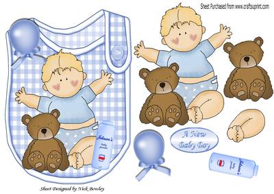 Baby Boy with His Teddy and Bottle on Bib with Bow