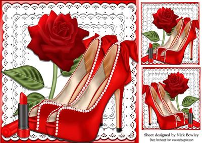 Pretty Red and Pearl Shoes with Bows on Lace with Rose 8x8