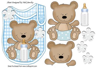 Cute Little Bear on Blue Bib with His Bottle