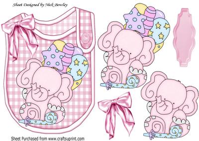 Cute Pink Ele on Button Bib with Bow & Ballooons