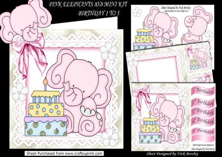 Cute Pink Elephant on Lace & Cake Ages 1 to 5 8x8 Mini Ki Ki