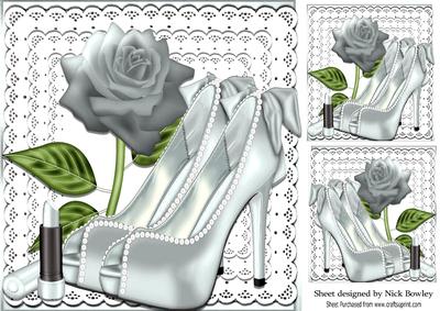 Pretty Silver and Pearl Shoes on Lace with Rose 8x8