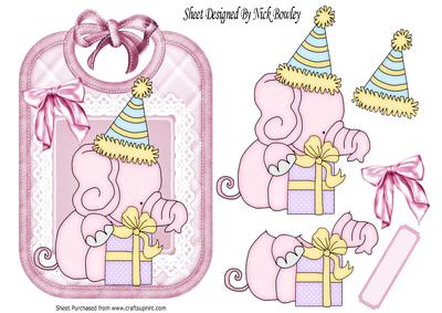 Little Pink Ele in Party Hat on a Bib with Bow