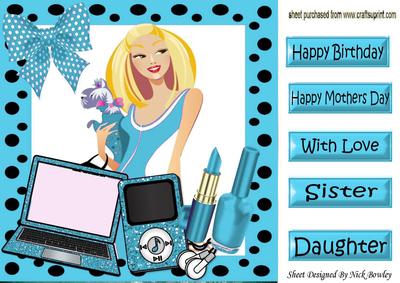 Trendy Lady with Her Pooch and Turq Gadgets 8x8
